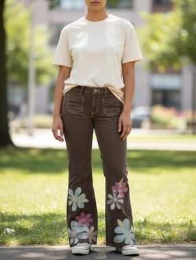 Y2K Mini Boden brown Patchwork corduroy flowers girls pants size 11-12Y